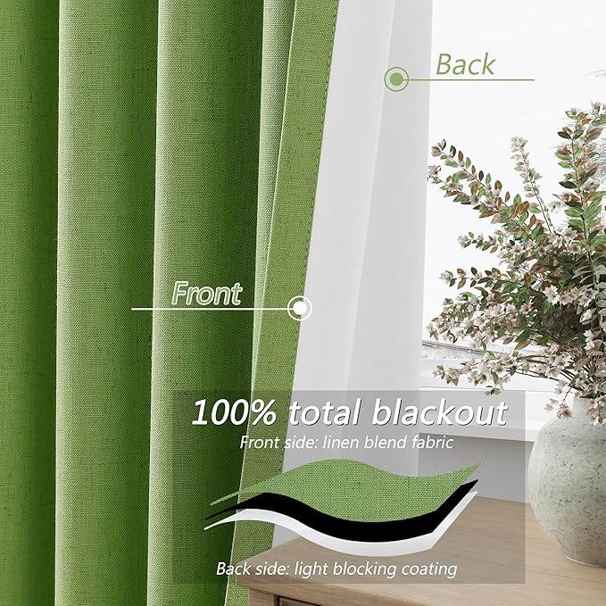 Guken Lime Green 100% Blackout Linen Curtains 108 Inch Length 2 Panels Set for Living Room Bedroom Back Tab/Rod Pocket Thermal Insulated Farmhouse Black Out Drapes Room Darkening,52x108