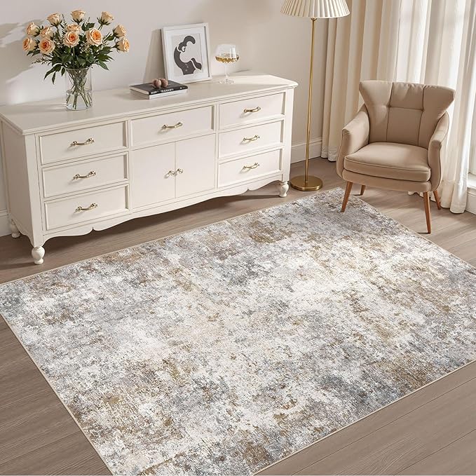 UERMEI 4x6 Area Rug Living Room Rugs - Washable Neutral Modern Abstract Soft Thin Rug Indoor Floor No Slip Rug Carpet for Bedroom Under Dining Table Home Office Decor - Brown Grey
