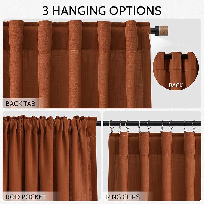 Rust Linen Curtains for Living Room 120 Inches Long Light Filtering Semi Sheer Curtain Back Tab Vintage Rustic Decor Extra Long Floor to Ceiling High Window for Bedroom Office 52x120, 2 Panels