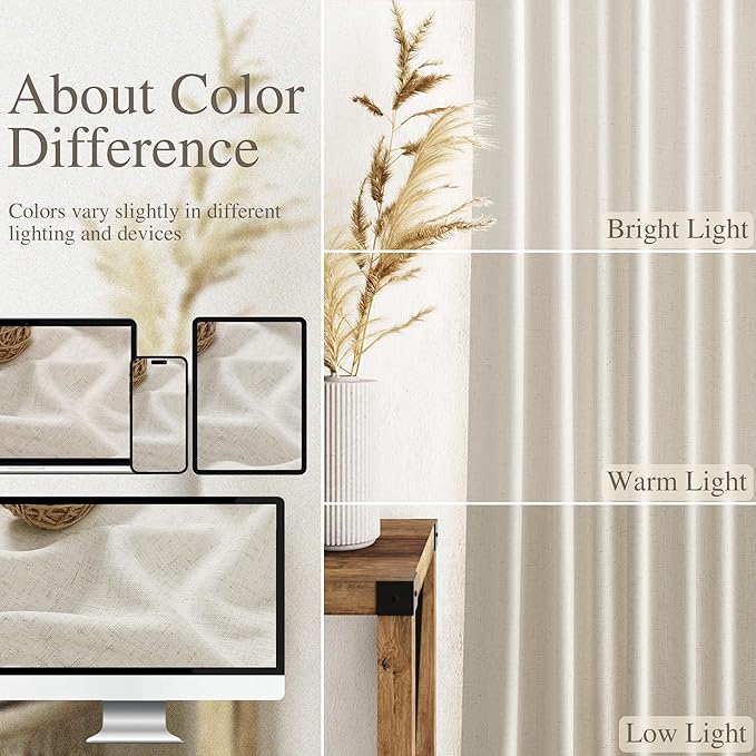 Nanspring Mousse White Linen Curtains 63 Inch Length for Living Room Luxury Light Filtering Semi Sheer Curtain Back Tab Simple Modern Elegant Coastal Decor Drapes for Bedroom Office 52x63, 2 Panels