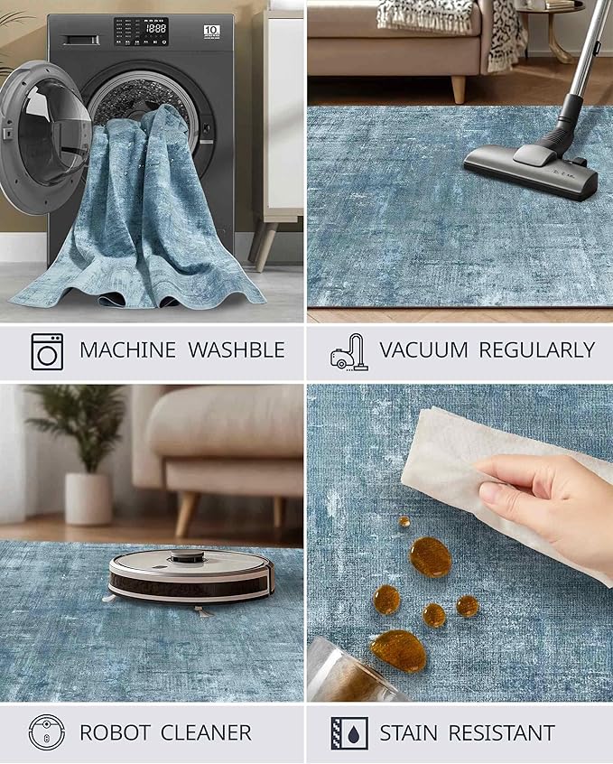 Latte&Fog 3x5 Entryway Rug Indoor, Modern Abstract Washable Area Rug, Boho Non Slip Low Pile Throw Carpet for Indoor Bedroom Bedside, Kitchen, Entry and Living Room - Blue