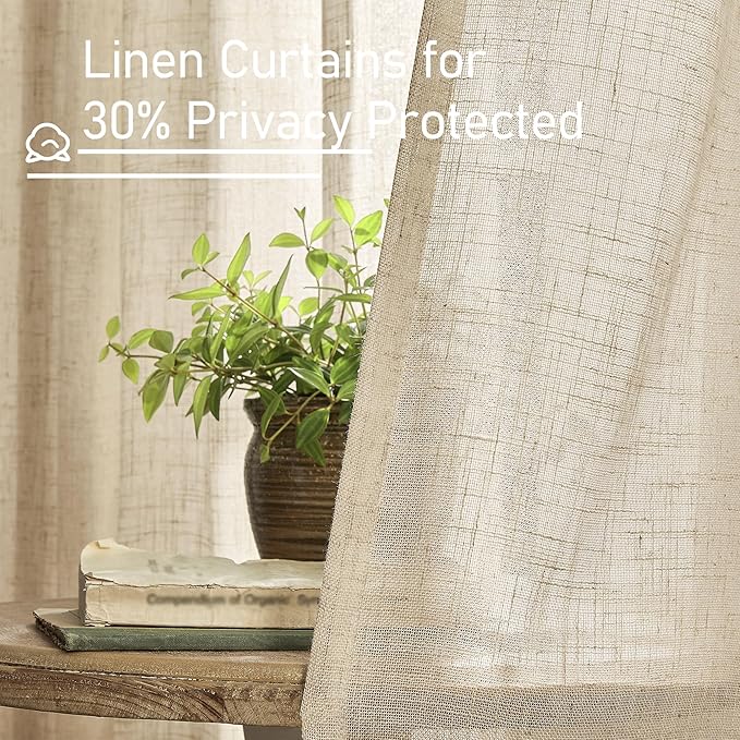 LAMIT Living Room Linen Curtains - 90 Inch, Back Tab & Rod Pocket, Light Filtering, Burlap Textured Sheer Curtains for Farmhouse, 2 Panels, 52 x 90 Inch, Brown
