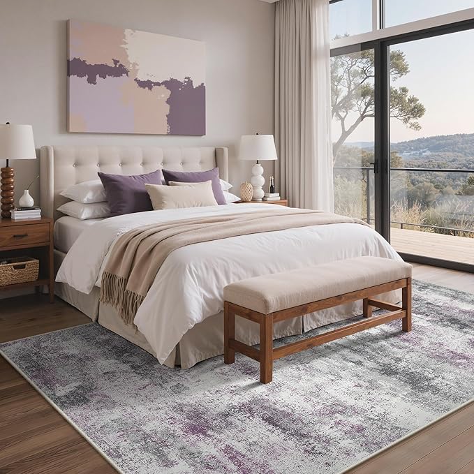Area Rugs 8x10 for Living Room Bedroom, Modern Abstract Machine Washable Rug, Large Soft Low Pile Floor Carpet with Non Slip Backing for Dining Room, Grey/Purple