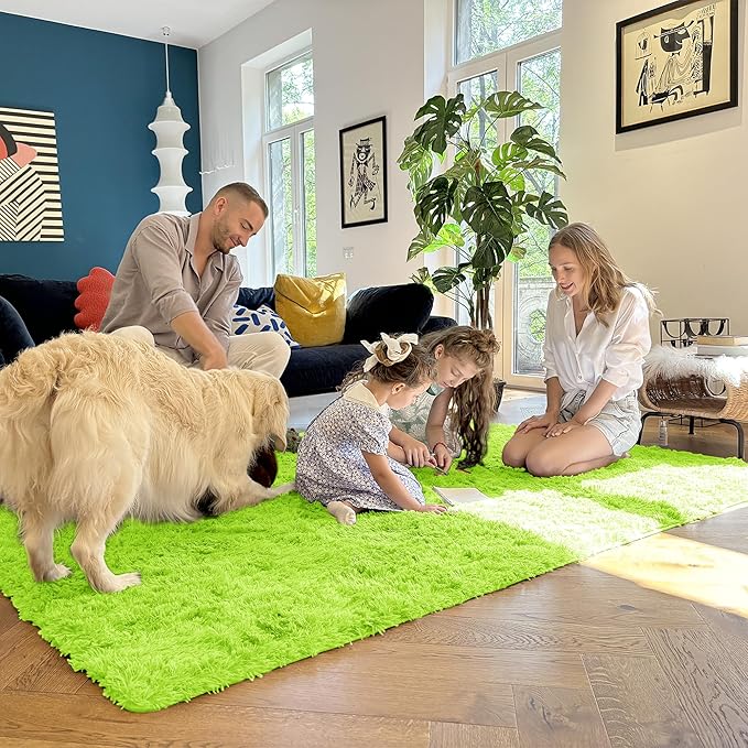 OLANLY 2x6 Machine Washable Runner Rugs for Hallway, Soft Fluffy Shaggy Bedside Rugs for Bedroom, Living Room, Indoor Floor Carpet for Kids Girls and Boys, Home Decor Aesthetic, Lime Green