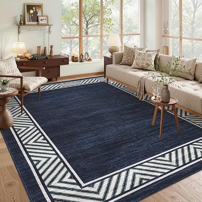 GarveeHome Bordered Bedroom Rugs 5x7 Ultra-Soft Indoor Carpet, Non-Slip Modern Geometric Living Room Rug, Stain-Resistant Neutral Accent Floor Cover for Dining Room, Nursery, Office, Navy Blue