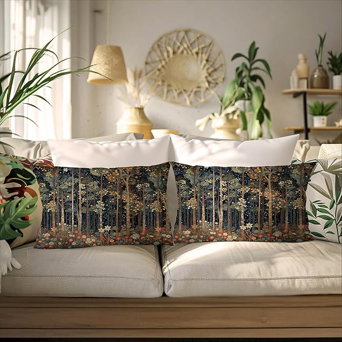 Rustic William Morris Inspired Autumn Forest Pillow Covers 12x20 Set of 2,Vintage Botanical Nature Landscape Decorative Throw Pillow Covers for Home Bedroom Living Room,Fall Home Room Decor
