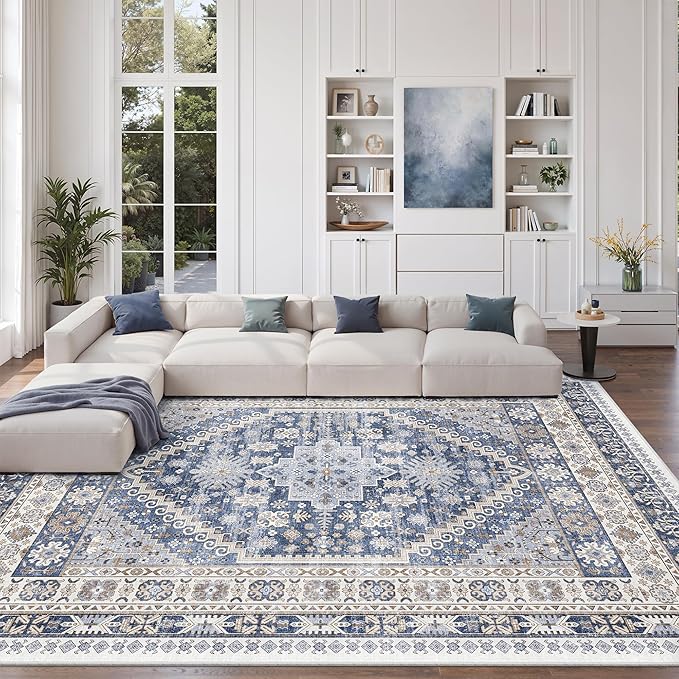 zesthome 9x12 Area Rugs,Stain Resistant Washable Rug,Ultra-Thin Rugs for Living Room,Bedroom,Non-Slip Backing Home Decor Large Area Rug (Blue/Beige,9'x12')