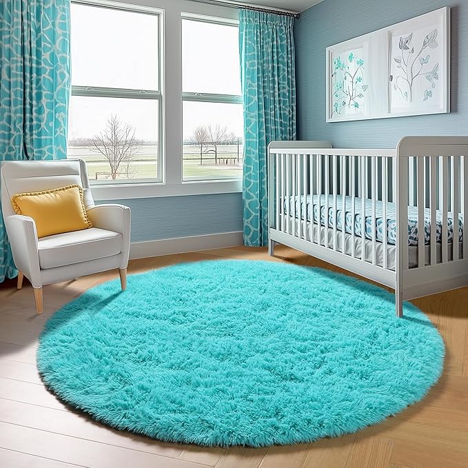 ONASAR Teal Blue Round Area Rug 4ft, Soft Fluffy Bedroom Bedside Floor Circle Rugs for Kids Girls Boys Teen Room, Cute Fuzzy Furry Plush Shaggy Carpet for Nursery Living Room Playroom Dorm Home Decor