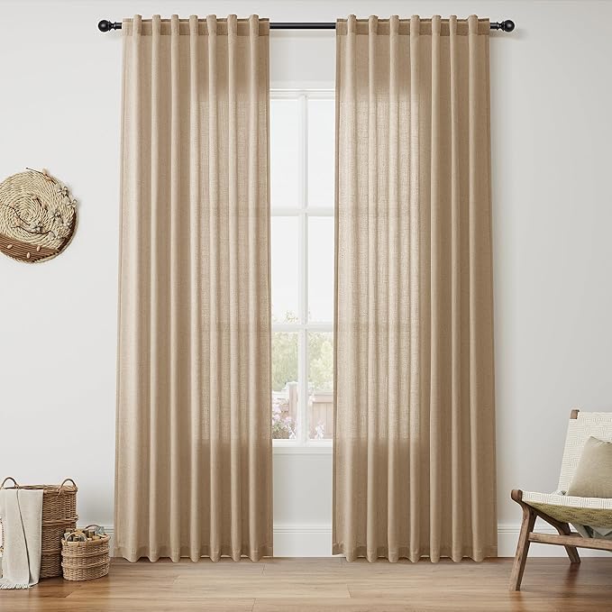 Nanspring Sand Beige Linen Curtains 84 Inch Length for Living Room Luxury Home Decor Light Filtering Semi Sheer Curtain Back Tab Simple Modern Privacy Burlap Drapes for Bedroom 52x84, 2 Panels