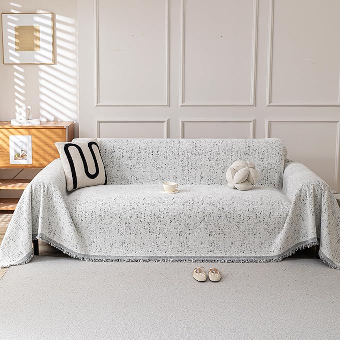 Couch Cover for Dogs, Boho Sofa Covers for 3 Cushion Couch, Chenille Slipcover for Pets Washable, L-Shape Sectional Couch Loveseat Cover Soft Throw Blankets with Tassels(91x150,Speckled Grey)