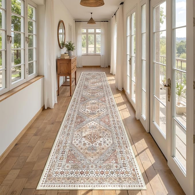 Carpet Runners for Hallway 12ft, Non-Slip Long Bathroom Rugs Runner for Kitchen, Living Room, Bedroom, Soft Vintage Washable Rug for Entryway, Thin Floor Mat for Dining Room(Orange,2.5'x12')