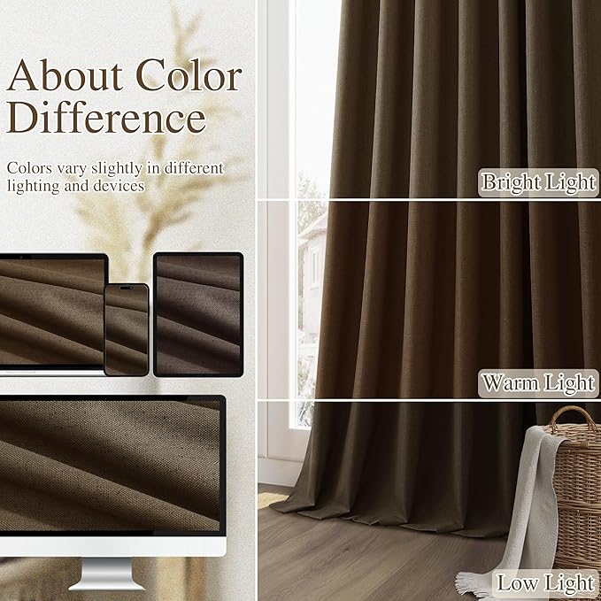 Guken 100% Blackout Curtains 120 Inch Length 2 Panels Set for Living Room Bedroom Back Tab Thermal Insulated Black Out Linen Drapes Room Darkening Chocolate,52x120
