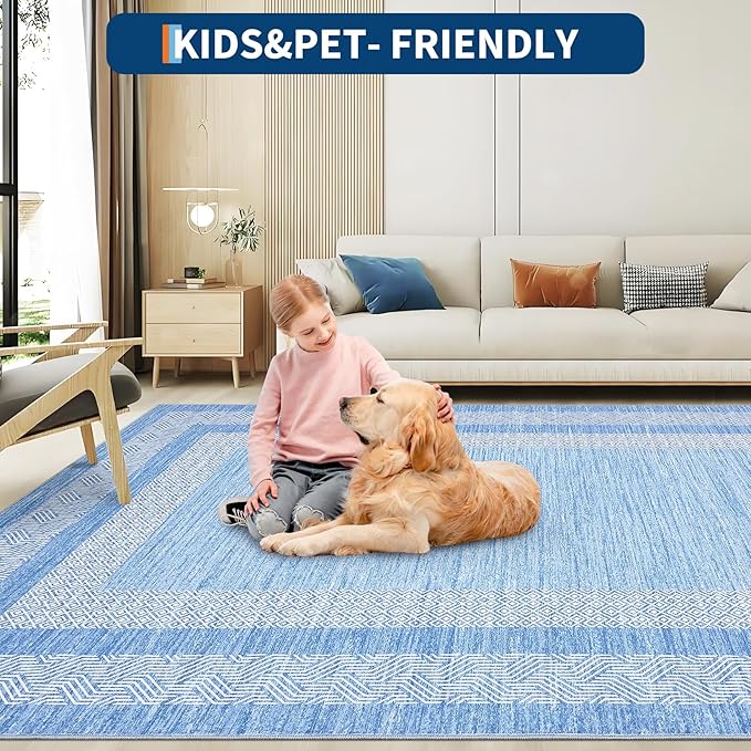 GarveeHome Modern Geometric Area Rug 2x3 Distressed Bordered Washable Non Slip Floor Small Carpet Non Shedding Thin Soft Low Pile Rug, Contemporary Gray Rug for Dining Room, Living Room Light Blue