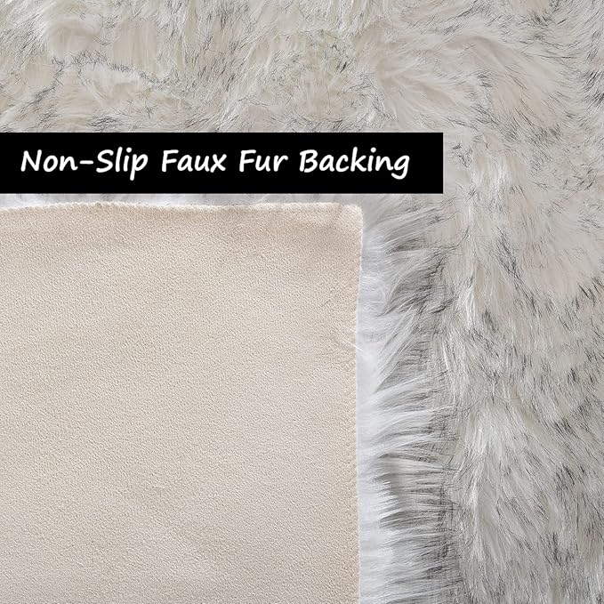Goolela Sheepskin Area Rug 5x8 Fluffy Fuzzy Furry Rug for Bedroom Living Room Faux Fur Shaggy Plush Soft Washable Rectangle - White with Grey Tips