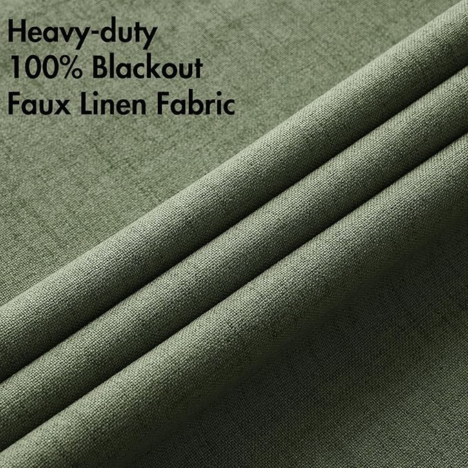 MIULEE 100% Blackout Linen Textured Curtains for Bedroom Solid Thermal Insulated Olive Green Grommet Room Darkening Curtains & Drapes Luxury Decor for Living Room Nursery 42 x 84 Inch (2 Panels)