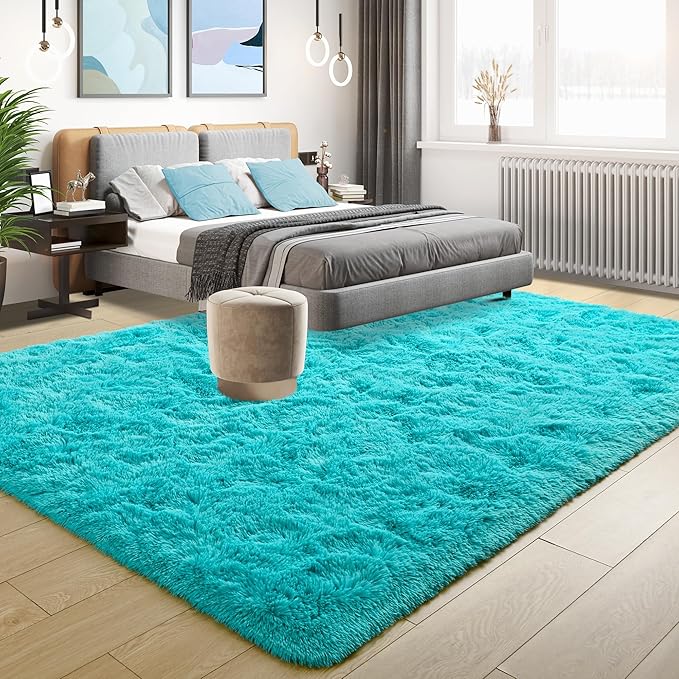 Tepook Super Soft Fluffy Rug for Bedroom, Modern Shaggy Fuzzy Kids Rugs for Living Room, Plush Indoor Nursery Home Decor Dorm Carpet with Non-Slip Bottom, Teal Blue, 4 X 6 Feet