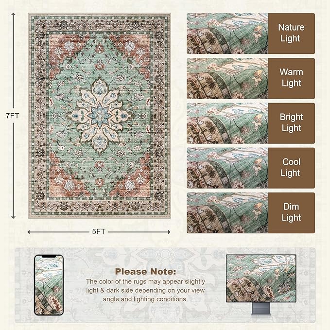 5x7 Area Rugs Living Room Rug: Washable Vintage Distressed Floral Rug No Slip Stain Resistant Soft Carpet Indoor Large Carpets for Bedroom Dining Room Farmhouse Nursery Hallway Home Office Brown Green