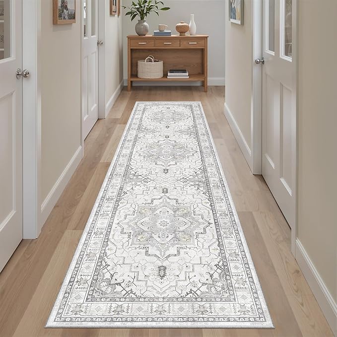 Madane Runner Rug 2x8, Washable Hallway Runner Rugs, Non-Slip Low-Pile Soft Kitchen Rug Runner Laundry Room Rug, Vintage Throw Entry Foyer Mat for Entrance Living Room (Grey, 2 x 8)