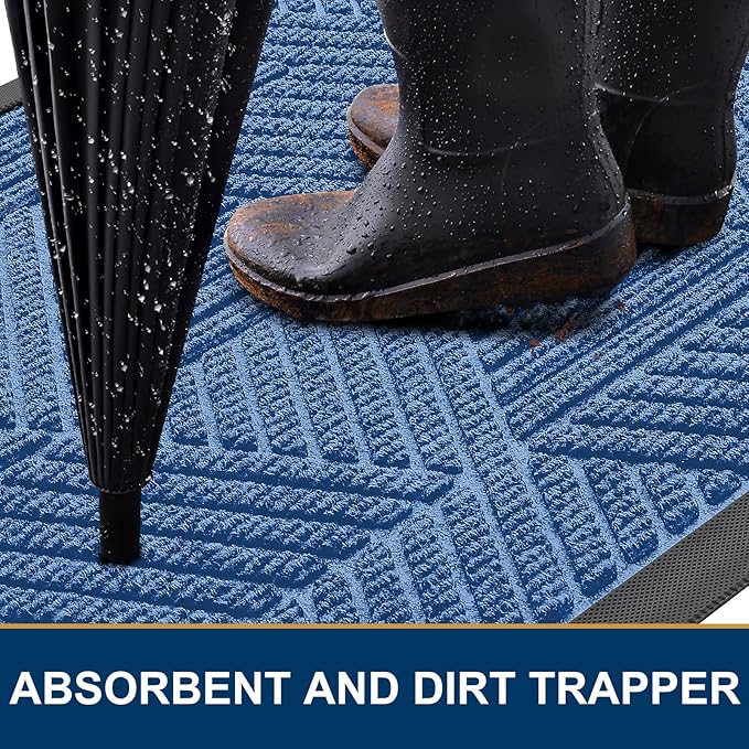 Smiry Front Door Mat Outside Entrance, Heavy Duty Sturdy Natural Rubber Doormat, Trap Dirt and Moisture, Easy Clean Low Profile Welcome Floor Mats for Indoor Outdoor Entry, 35X23 Inch, Blue
