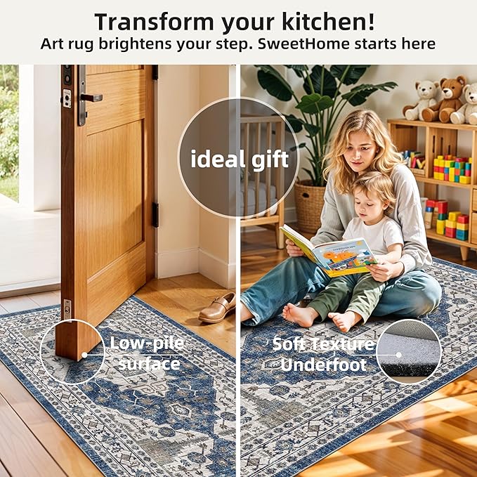 3 Pieces Kitchen Rug Sets: Farmhouse Washable Non-Slip Floor Mat for Sink Stove & Fridge Area Water Resistant Carpet for Laudry Room Entryway Soft Cozy Runners for Kids Pets Family(2x3+2x4+2x5,Blue)