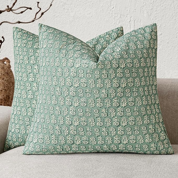 Foindtower Set of 2 Decorative Neutral Floral Print Throw Pillow Covers Vintage Accent Farmhouse Cushion Covers Boho Home Decor for Sofa Chair Couch Bedroom Living Room Outdoor,18×18 Inch,Aqua Blue