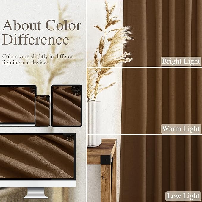 Tobacco Brown Linen Curtains 102 Inches Rod Pocket Back Tab Drapes 2 Panels Set for Living Room Bedroom Light Filtering Semi Sheer Tobacco Brown Curtain 102 Length for Patio Door 52x102