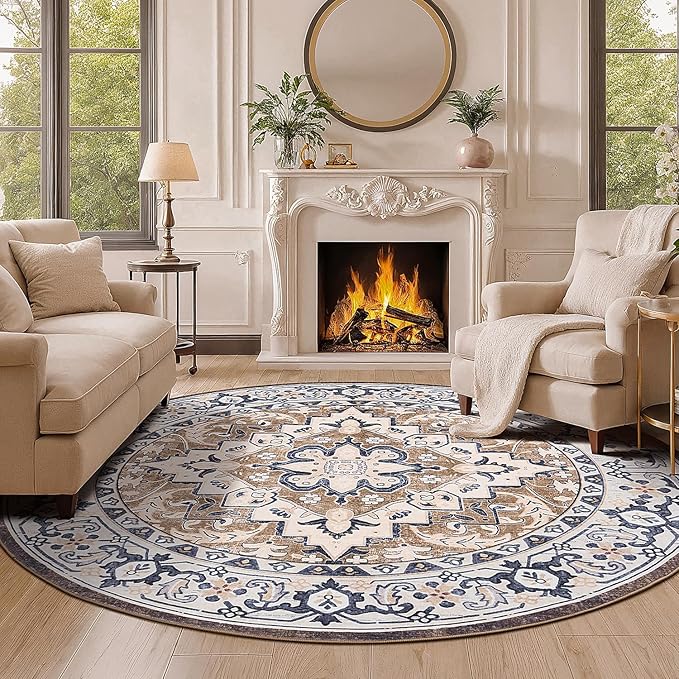 Lofus 8ft Area Rugs for Living Room, Washable Area Rug, Rugs for Bedroom, Kitchen, Vintage Boho Carpet, Soft Non-Slip, Low Pile Large Area Rug for Office Dining Room, Floral Brown