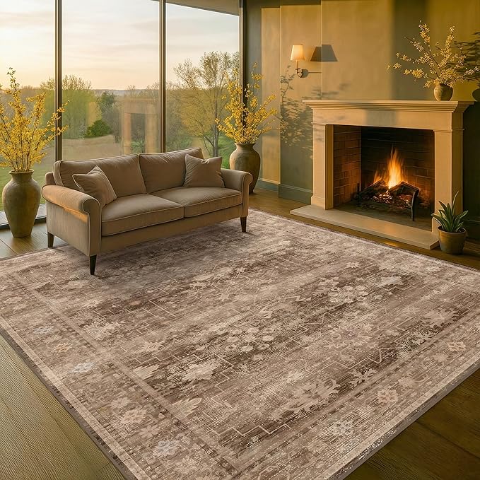 Hazo Haus Boho Brown Living Room Rug 7x9 - Vintage Traditional Eclectic Oriental Neutral Taupe, Washable Low Pile Non-Slip Extra Large Area Rugs for Dining Under Table Bedroom Lounge