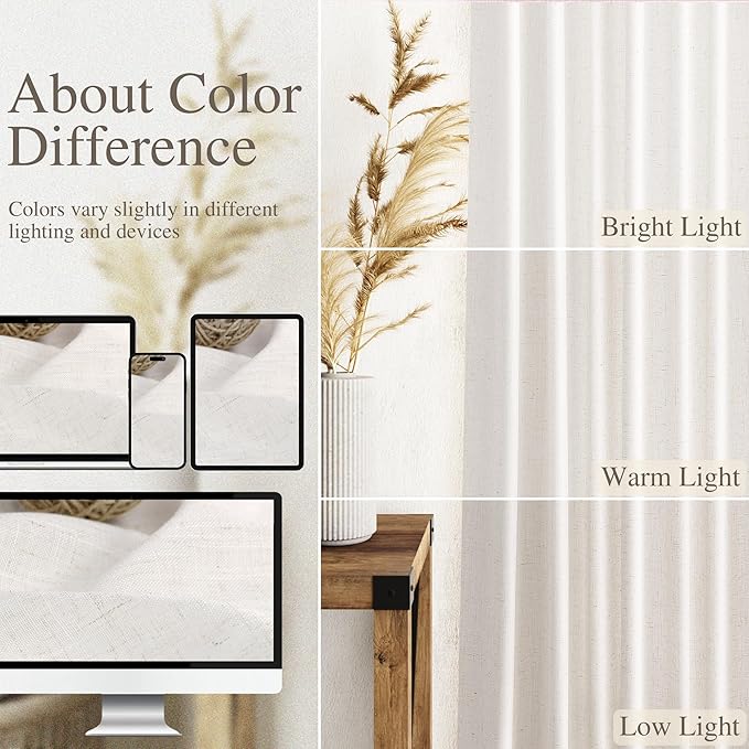 Ivory White Linen Back Tab Curtains 84 Inch Length for Bedroom/Living Room 2 Panel Set Neutral Modern Farmhouse Window Privacy Semi Sheer Linen Drapes Rustic Pinch Curtain Ivory 52X84
