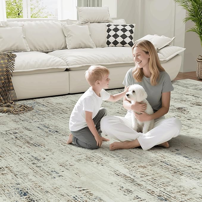 9x12 Area Rugs for Living Room Washable Rug: Anti-Skid Abstract Modern Living Room Rug Soft Thin Carpets Indoor Floor Non-Shedding Carpet for Bedroom Dining Farmhouse Nursery Gray White Blue
