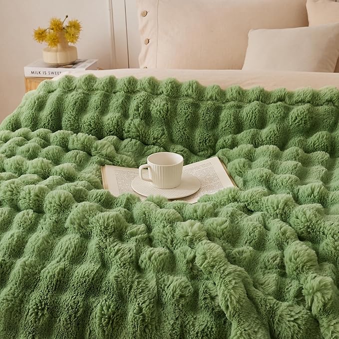 COOVA Faux Fur Throw Blanket for Couch, Cozy Soft and Fuzzy Plush Rabbit Fur Bubble Blanket for Sofa Bedroom Living Room, 60x80 Inches Light Green