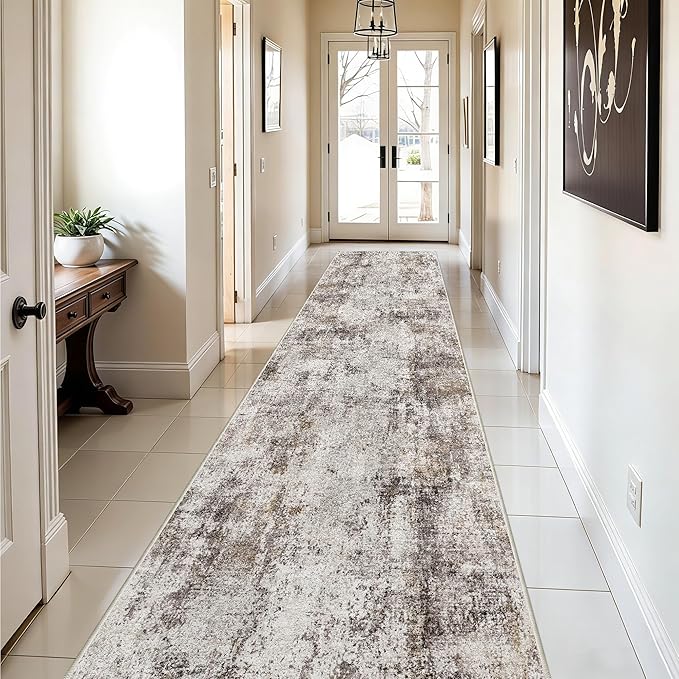 3x10 Washable Runner Rug for Hallway: Non Slip Runners Rugs Easy-to-Clean - Soft Living Room Bedroom Kitchen Carpet - Thin Low Pile Printed Floor Mat for Dining Room Beige Brown