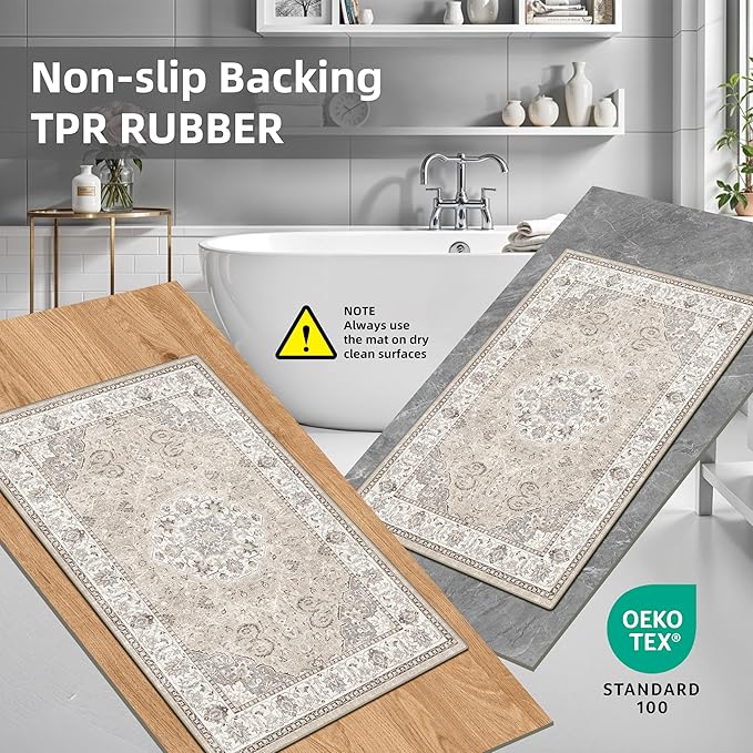 Washable Kitchen Rug Set of 3: Boho Non-slip Soft Stove Sink Mat Light Weight Stain Resistant Carpet for Dog Bowl Area Comfort Tile/Hardwood Floors Protection Mat for Entryway Foyer(2x3+2x4+2x5,Beige)