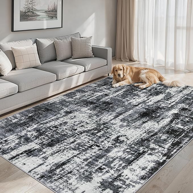 Area Rugs 10x12 Living Room - Washable Rug Modern Abstract Soft Large Neutral Non-Slip Carpet Indoor Floor Thin Carpets for Bedroom Dining Room Farmhouse Nursery Home Office Black