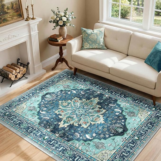 RELEANY Area Rugs 4'x6' Washable Non-Slip, Floral Vintage Distress Print Pattern Medallion Carpet for Living Room Bedroom Dining Room, Teal Green Lake Blue Turquoise