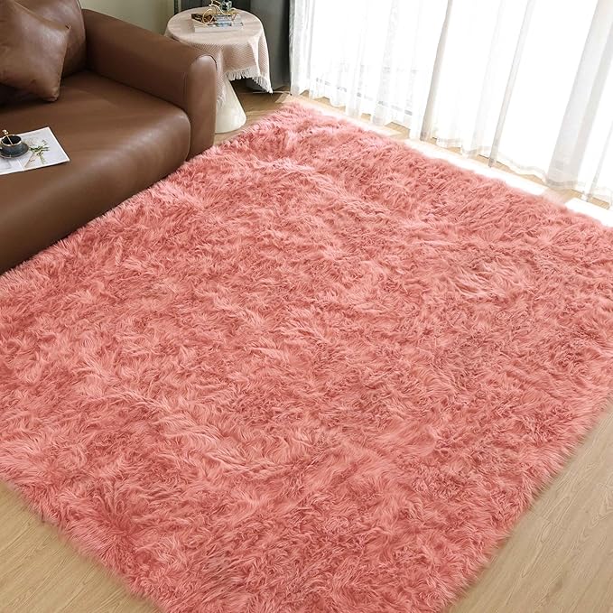 Goolela Pink Area Rug 8x10 Fluffy Fuzzy Furry Rug for Girls Bedroom Faux Sheepskin Fur Soft Plush Shaggy Rectangle