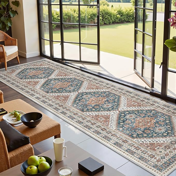 Runner Rug 2x10, Ultra-Thin Kitchen Rugs Non Slip Washable Rugs for Entryway Rug, Kitchen Runner Low Pile Vintage Soft Carpets for Living Room, Bathroom Bedroom (Blue/Red,2'x10')