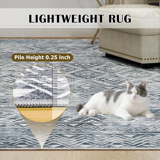 8x10 Area Rugs Washable Rug: Anti-Skid Abstract Modern Living Room Rug Soft Thin Carpets Indoor Floor Non-Shedding Carpet for Bedroom Dining Farmhouse Nursery Home Office (Blue Grey White, 8'x10')