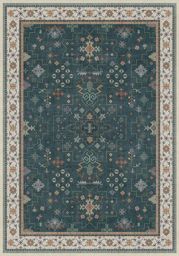 Hazo Haus Dark Green Vintage 7x10 Washable Rugs for Living Room - Dark Academia Victorian Floral Geometric Bedroom Rug, Ultra Soft Thin Low Pile Non-Slip Large Rugs for Lounge