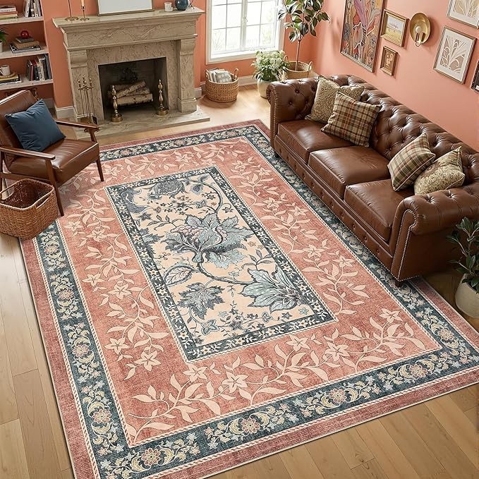 GarveeHome Terracotta Teal Washable 6x9 Area Rugs, Botanical Grove Vintage Cottagecore Non-Slip Rug for Living Room Bedroom Nursery Kitchen Low-Pile Retro Large Carpet