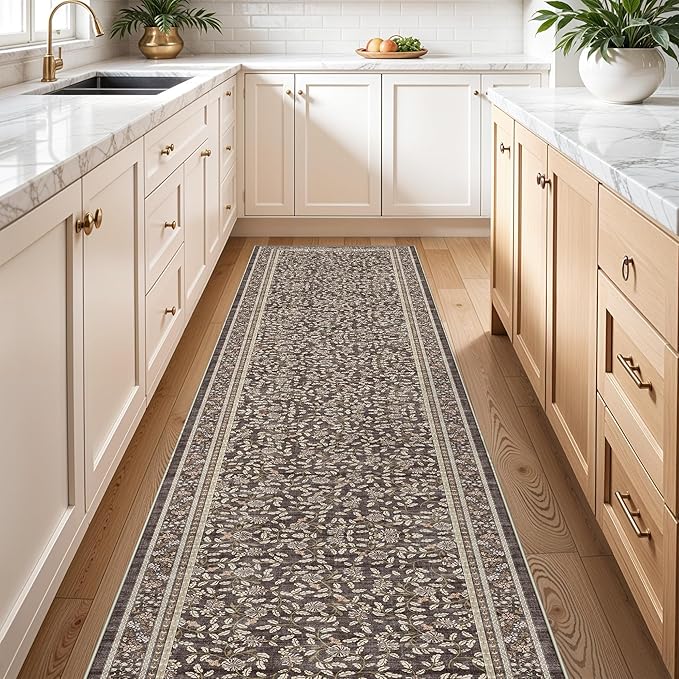 TOPRUUG 2x12 Washable Runner Rug - 12ft Runners for Hallway Non Slip Kitchen Rugs Soft Low Pile Carpet for Bedroom Bathroom Entryway - Stain Resistant Vintage Home Decor (Floral Charcoal, 2X12)