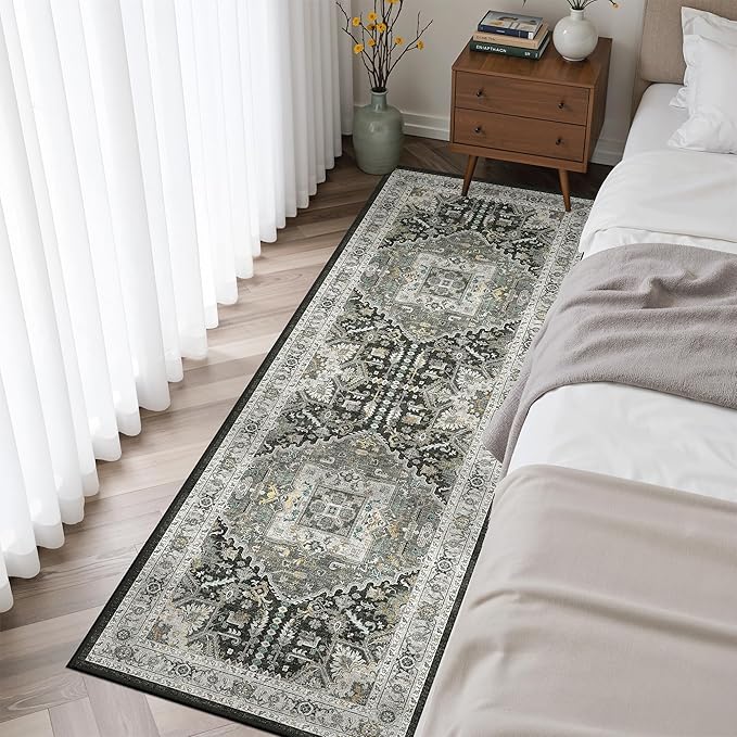 Madane Washable Kitchen Runner Rug 2x6, Ultra-Thin Non-Slip Hallway Runner, Stain Resistant Vintage Entryway Carpet Runner, Pet Friendly Low Pile Runners, Grey Green/Black Olive