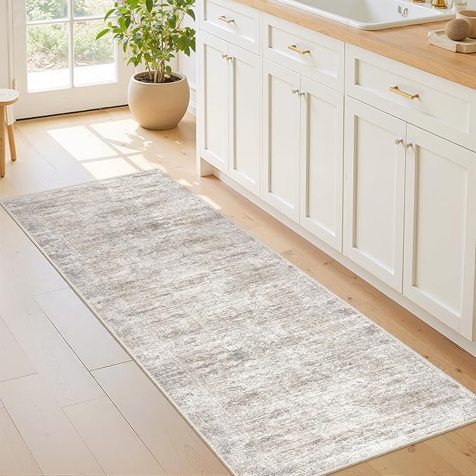 Washable Runner Rugs for Bedroom - 2x6 Runner Rug Non Slip, Ultra-Thin Entryway Runner, Soft Abstract Kitchen Runner for Hallway, Laundry, Indoor Door Mat(2'x6', Brown/Grey/Ivory)