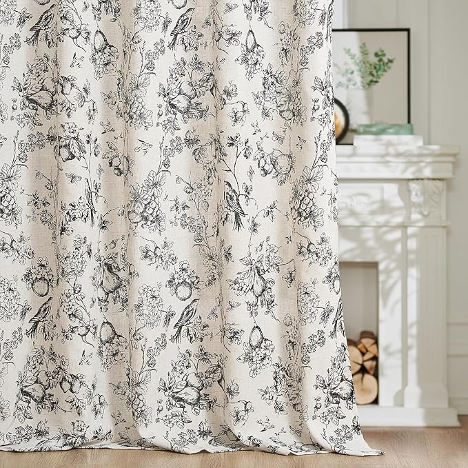 jinchan Linen Floral Curtains for Living Room 96 Inch Length Black Printed Flower Light Filtering French Country Curtain Farmhouse Cottage Core Toile Curtains Back Tab Window Drapes Set 2 Panels