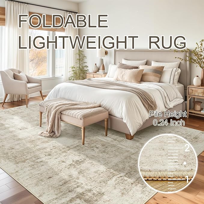 10x14 Area Rugs for Living Room, Non Slip Machine Washable Vintage Carpets, Low Pile Lightweight Large Rug for Bedroom, Dining Room, Home Office Beige Gray