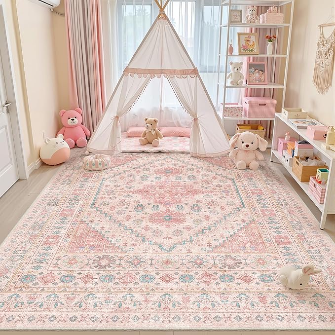 zesthome 10x12 Area Rugs for Girls Bedroom, Low Pile Machine Washable Rugs, Vintage Large Pink Rugs, Stain Resistant Nursery Room Rug, Baby Crawling Rug (Pink/Blue,10'x12')