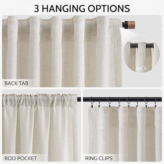 Nanspring Mousse White Linen Curtains for Living Room 72 Inches Long Luxury Light Filtering Semi Sheer Curtain Back Tab Simple Modern Elegant Coastal Decor Drapes for Bedroom Office 52x72, 2 Panels