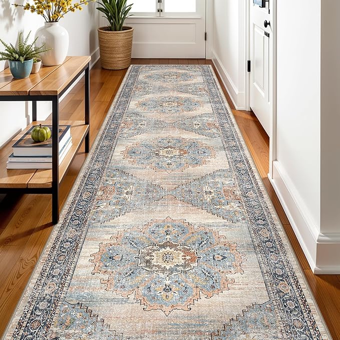 Washable 3x12 Hallway Runner Rug: Non Slip Soft Rugs for Kitchen Entryway Hall Living Room Low-Pile Water Resistant Carpet for Bathroom Thin Floor Mat for Bedroom Dining Room (Blue, 3x12)