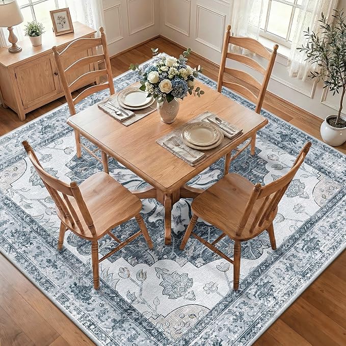 RELEANY Area Rugs Square 7ft Washable Non-Slip, Floral Vintage Distress Print Pattern Medallion Carpet for Living Room Bedroom Dining Room, Light Gray Grey White
