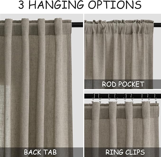 Mocha Linen Curtains 84 Inches Long for Bedroom Back Tab Light Filtering Privacy Semi Sheer Curtains Modern Farmhouse Decor Mocha Cotton Textured Curtain for Living Room 2 Panels Set 52x84 Inch